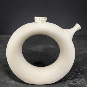 Hartstone USA Lisa Kroeber Pottery Donut Jug Ring Flask Tan Stoneware Cork 1970s